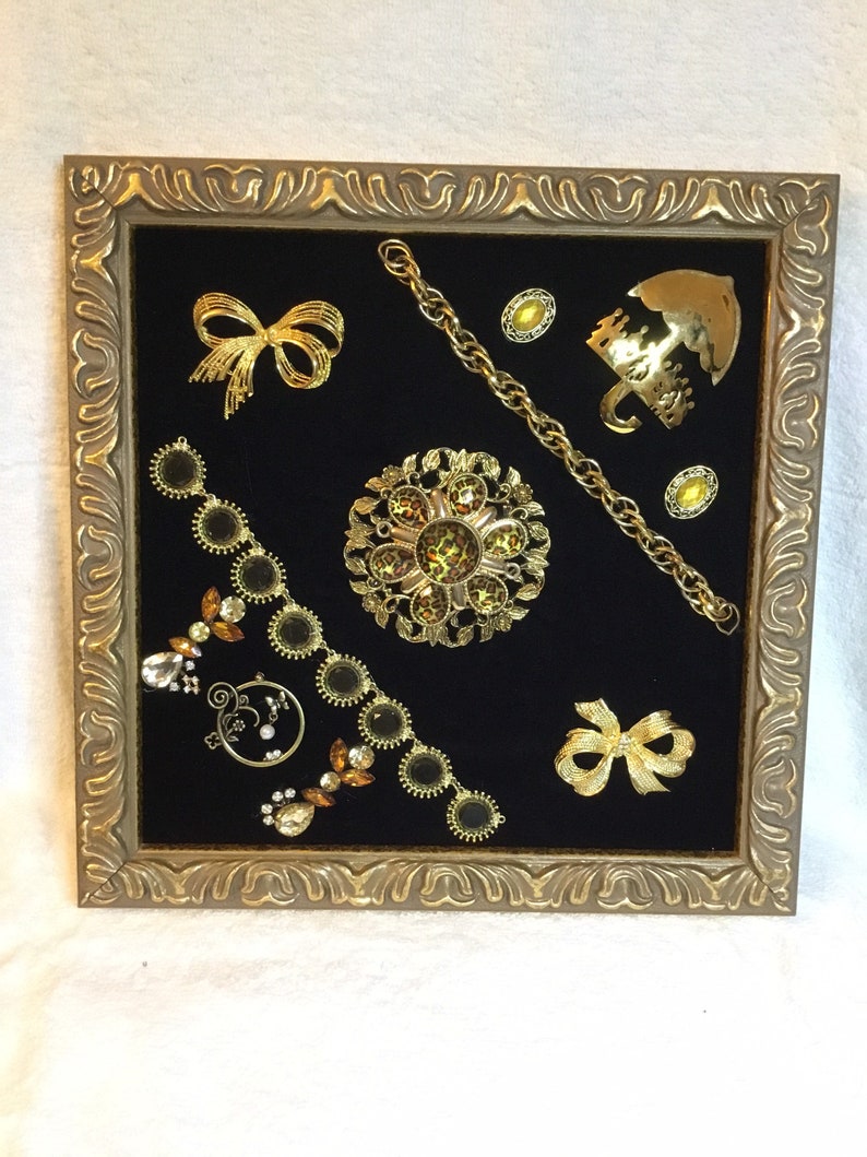 Framed jewelry, jewelry art, vintage jewelry, brooches pins,earrings, bracelets, velvet,rhinestones, pearls, crystals, retailer sparkles, chains,