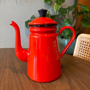 Vintage Red Enamel Teapot With Black Detail With White Inside