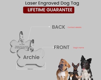 Placa de identificación metálica personalizada para perros / Acero inoxidable grabado con láser (50 mm)