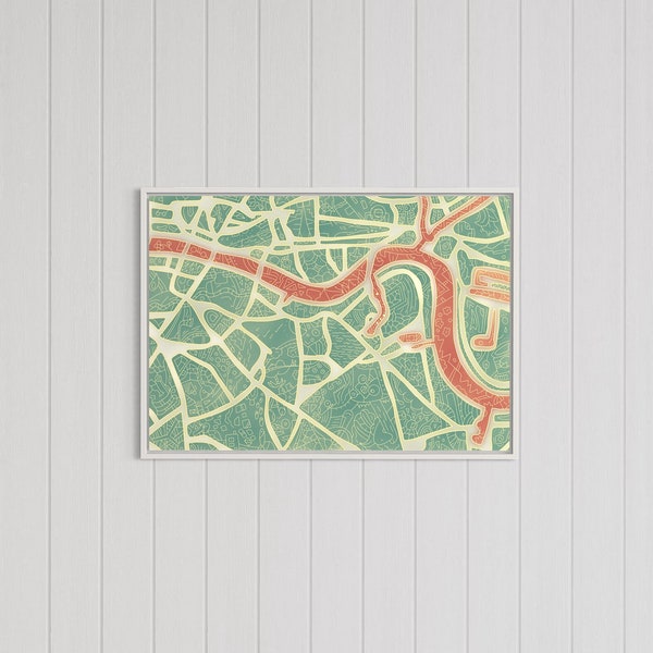 Londres - affiche coloris vert, impression sur papier d'art / décoration murale, carte, map, original, abstrait, géométrique, Doodle