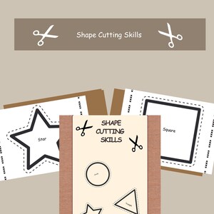 May include: A printable worksheet with a title "Shape Cutting Skills" and images of a star, square, circle, and triangle. Each shape has a dotted line around it for cutting practice.