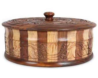 Hand Carved Wooden Dry Fruit Box | Floral Kitchen Storage Container, Rustic Nuts Organiser