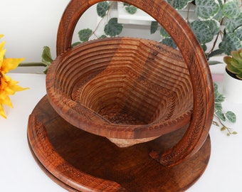 Cesta plegable de madera tallada a mano con flores: organizador de frutos secos de 30 cm