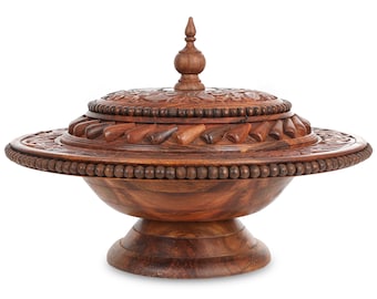 Hand Carved Sheesham Wood Dry Fruit Tray – 3 Compartment Nut Organizer with Lid