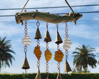 Genuine Sea Glass naturally Surf Tumbled and Antiqued Brass Tin Bells Suncatcher and Wind chime w/ copper S-hooks and hangs on driftwood