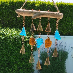 Colorful sea glass ocean tumbled and machine tumbled mix w/ Antiqued tin bells sun catcher wind chime w/copper S hooks hanging on driftwood