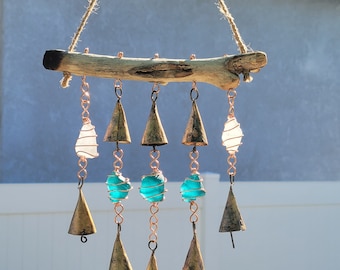 Sea Glass ocean tumbled and machine tumbled w/ antiqued tin bells sun catcher/Wind chime w/ copper S hooks hanging on driftwood,braided Jute