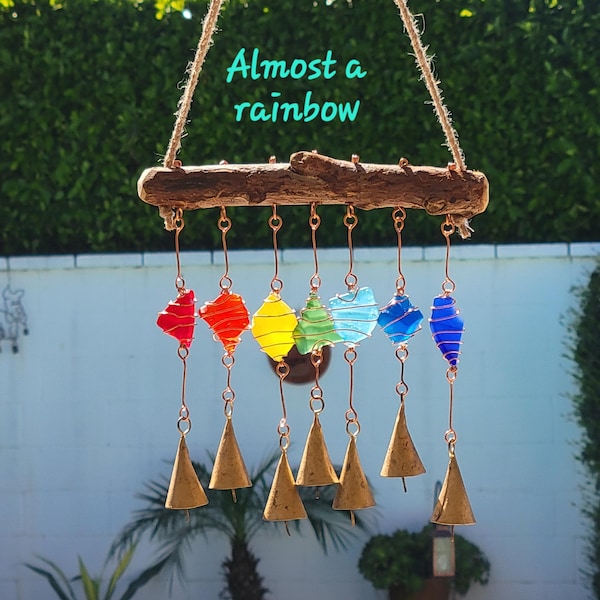 Multi-Color Sea Glass Wind Chime, Antiqued Tin Bells, Copper Wire, Driftwood Suncatcher