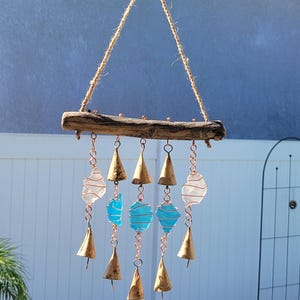 Sea Glass Wind Chime Suncatcher Antiqued Tin Bells, copper, Jute, Driftwood Please see photos and description for size