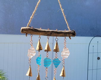 Sea Glass Wind Chime Suncatcher Antiqued Tin Bells, copper, Jute, Driftwood Please see photos and description for size