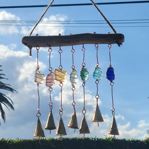 Multi-color Sea glass and Antiqued Tin bell Dangle wind and suncatcher with raw copper wire hanging from jute twine and California driftwood