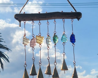 Multi-color Sea glass and Antiqued Tin bell Dangle wind and suncatcher with raw copper wire hanging from jute twine and California driftwood