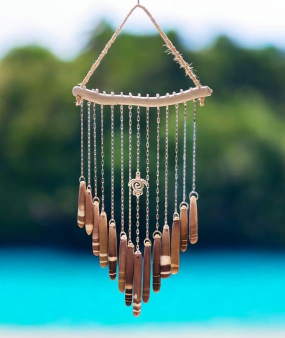 Driftwood Sea Turtle Wind Chime: Urchin Spikes, Silver Chain