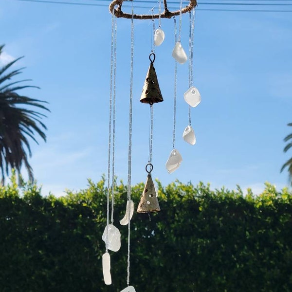 Boho Sea glass Mobile with genuine clear frosted sea glass, translucent opalescent glass beads, antiqued tin bells, catches the wind and sun