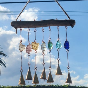 Multi-color Sea glass and Antiqued Tin bell Dangle wind and suncatcher with raw copper wire hanging from jute twine and California driftwood