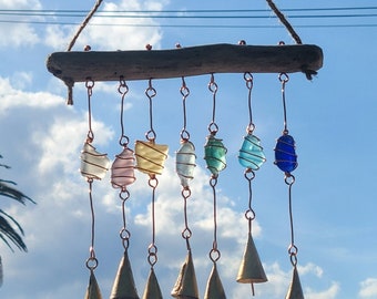Multi-color Sea glass and Antiqued Tin bell Dangle wind and suncatcher with raw copper wire hanging from jute twine and California driftwood