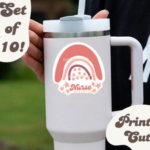 May include: Set of 10 pink and brown rainbow stickers with the word "Nurse" and stars. The stickers are on a white tumbler with a handle.