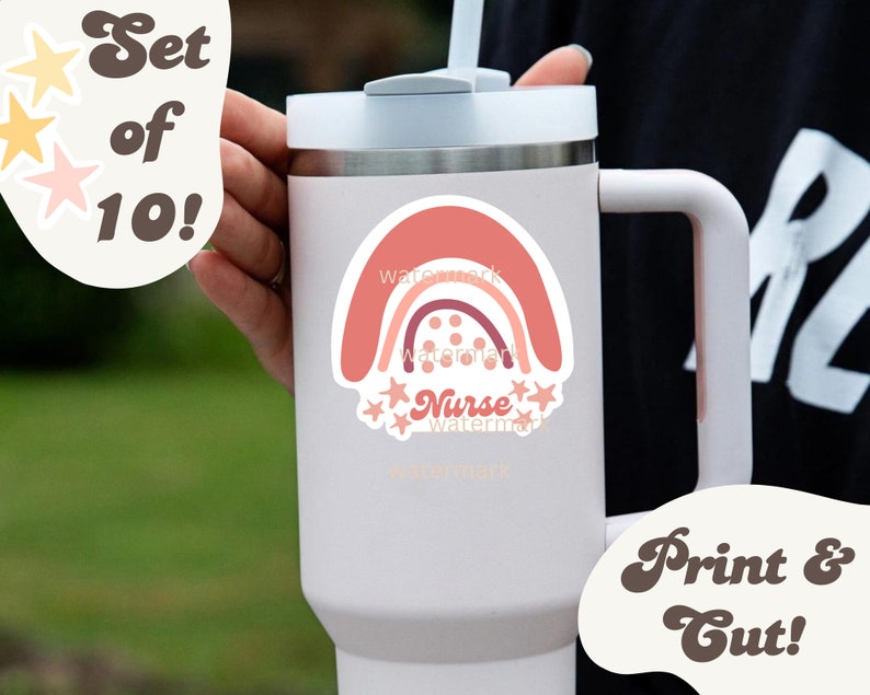 May include: Set of 10 pink and brown rainbow stickers with the word "Nurse" and stars. The stickers are on a white tumbler with a handle.