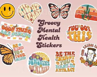 Utskrivbara klistermärken för mental hälsa | Retro Groovy klistermärken | Medvetenhet om mental hälsa | Boho | Utskrivbara klistermärken | Fjärilsklistermärken |