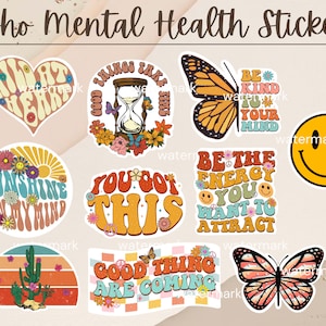 Mental Health Boho Printable Stickers | Retro Cute Stickers | Aesthetic Stickers | Bohemian | Printable stickers | Butterfly Stickers |