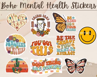 Mental Health Boho Printable Stickers | Retro Cute Stickers | Aesthetic Stickers | Bohemian | Printable stickers | Butterfly Stickers |