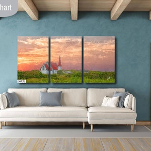 Peaceful Church In The Canadian Countryside At Sunset On Artists Canvas, Metal Or Fine Art Watercolor Paper Ready To Hang In Home Or Office 36x72 3 Panel Canvas