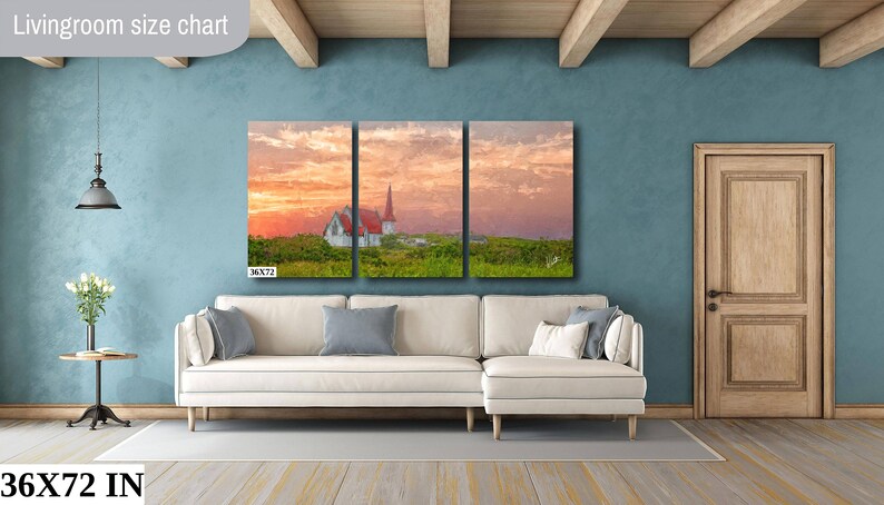 Peaceful Church In The Canadian Countryside At Sunset On Artists Canvas, Metal Or Fine Art Watercolor Paper Ready To Hang In Home Or Office 36x72 3 Panel Canvas