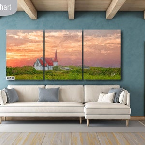 Peaceful Church In The Canadian Countryside At Sunset On Artists Canvas, Metal Or Fine Art Watercolor Paper Ready To Hang In Home Or Office 40x90 3 Panel Canvas