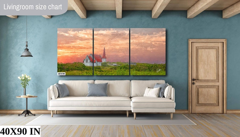 Peaceful Church In The Canadian Countryside At Sunset On Artists Canvas, Metal Or Fine Art Watercolor Paper Ready To Hang In Home Or Office 40x90 3 Panel Canvas