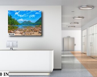 Peaceful Rocky Beach in Canada With Blue Water Mountains and Trees Offered in Canvas, Metal and Fine Art Paper For Home or Office Decoration