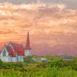 Peaceful Church In The Canadian Countryside At Sunset On Artists Canvas, Metal Or Fine Art Watercolor Paper Ready To Hang In Home Or Office image 1