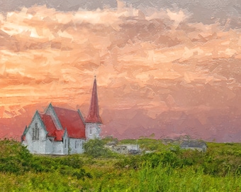 Église paisible dans la campagne canadienne au coucher du soleil sur toile d'artiste, métal ou papier aquarelle Fine Art prêt à accrocher à la maison ou au bureau