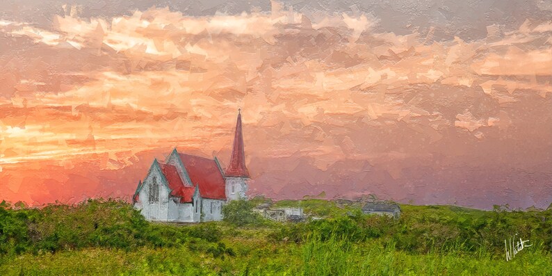 Peaceful Church In The Canadian Countryside At Sunset On Artists Canvas, Metal Or Fine Art Watercolor Paper Ready To Hang In Home Or Office image 1