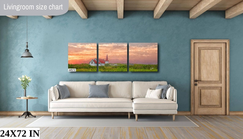 Peaceful Church In The Canadian Countryside At Sunset On Artists Canvas, Metal Or Fine Art Watercolor Paper Ready To Hang In Home Or Office 24x72 3 Panel Canvas