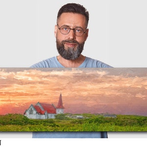 Peaceful Church In The Canadian Countryside At Sunset On Artists Canvas, Metal Or Fine Art Watercolor Paper Ready To Hang In Home Or Office 12x36 Canvas (1x3)