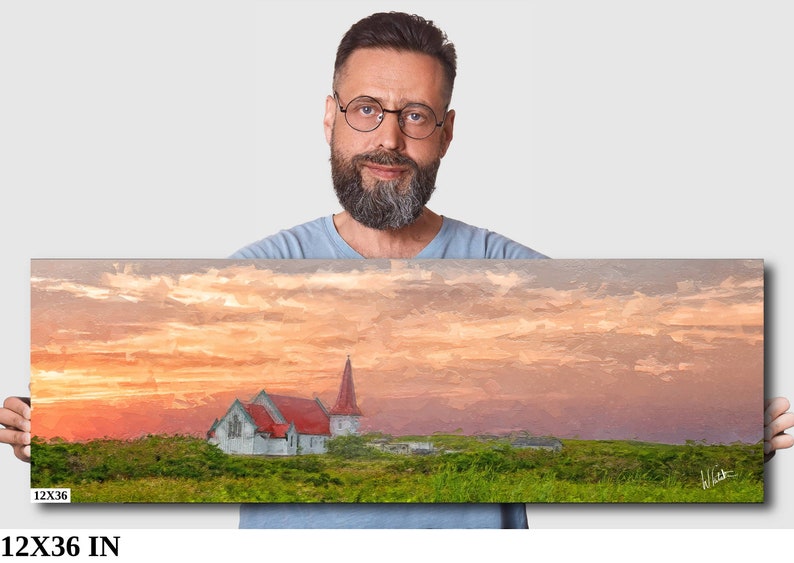 Peaceful Church In The Canadian Countryside At Sunset On Artists Canvas, Metal Or Fine Art Watercolor Paper Ready To Hang In Home Or Office 12x36 Canvas (1x3)