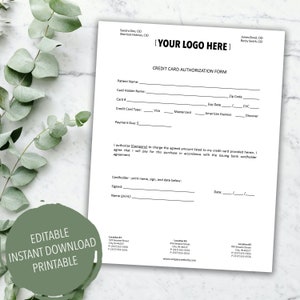 Formulario de autorización de tarjeta de crédito, atención médica, optometría, oftalmología, suscripción / imprimible, editable, descarga digital instantánea