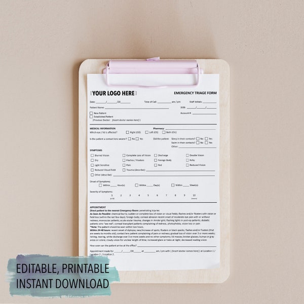 Emergency Triage Form, Healthcare, Optometry, Ophthalmology | Printable, Editable, Instant Digital Download