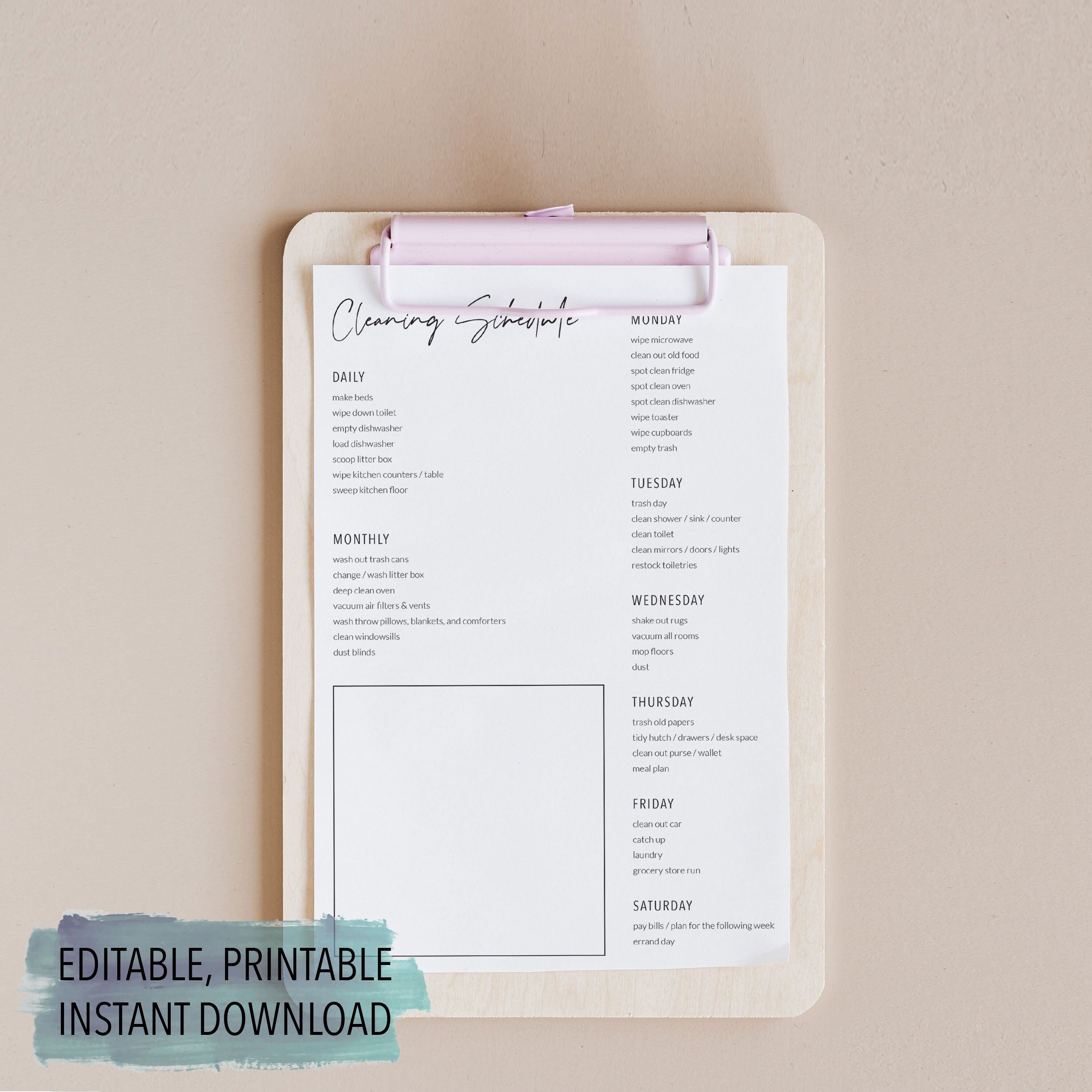 Daily, Weekly, Monthly Cleaning Schedule | Printable, Editable, Instant ...
