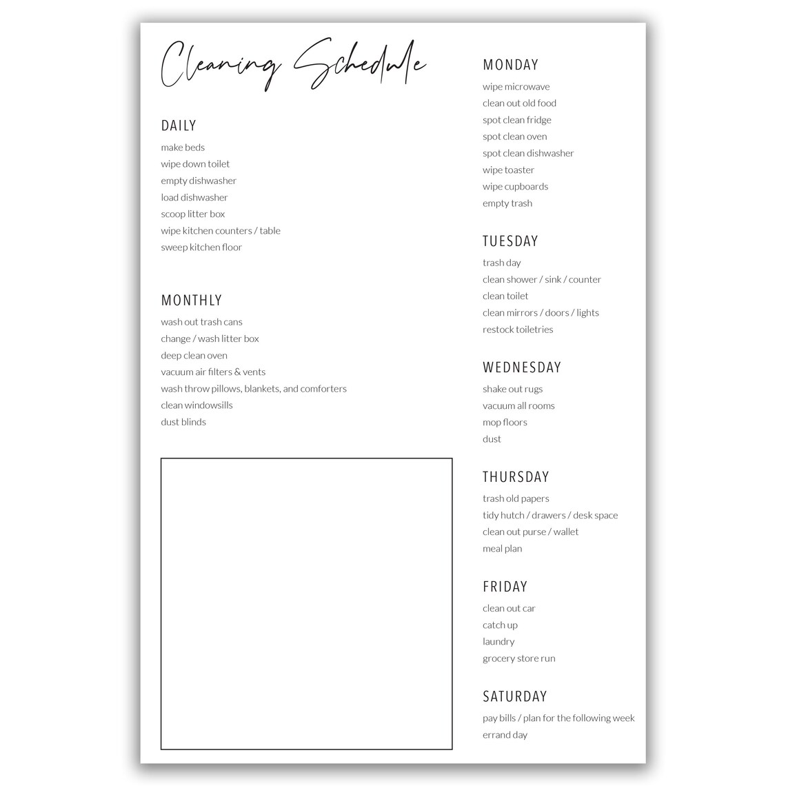 Daily, Weekly, Monthly Cleaning Schedule | Printable, Editable, Instant ...