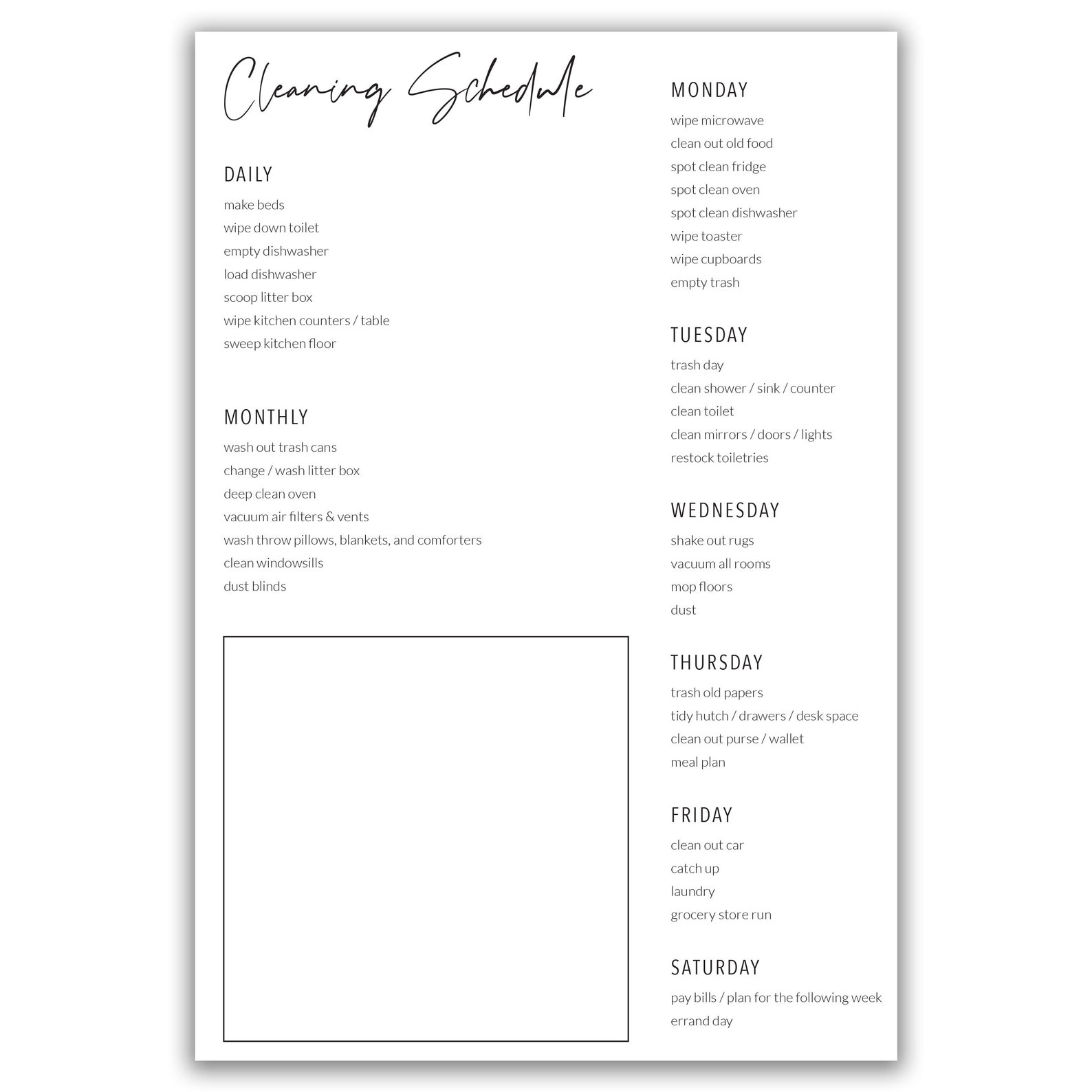 Daily, Weekly, Monthly Cleaning Schedule Printable, Editable, Instant ...