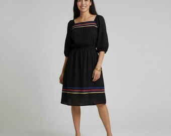 JCPenney Vintage 1970s Sheer Gauze Black Striped Dress Size 14