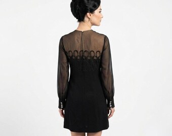 Anita Modes Vintage Cocktail Illusion Neck Black Long Sleeve Dress - 12 - Flaws