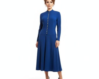 Adele Simpson Vintage Wool Blue Lined Button-Up Dress Size 12