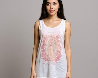 Camiseta sin mangas Aztlan Vintage Y2K blanca y rosa con estampado de la Virgen María y la rosa - Talla pequeña