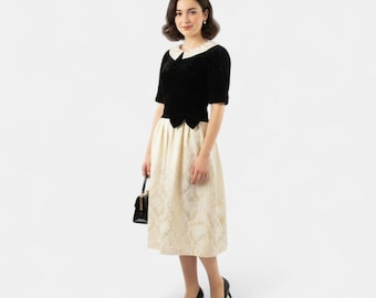 Vestido midi vintage de terciopelo negro y jacquard color crema de Lanz Originals - Talla 8