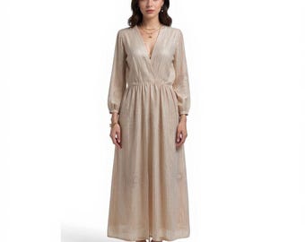 Hanae Mori Vintage Starburst Gold Beige Long Sleeve Maxi Dress - See Notes