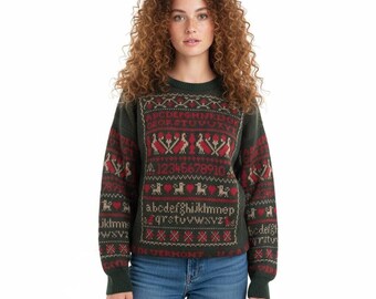 Made in Vermont Vintage Numbers Birds Hearts Alphabet Lambs Wool Sweater - Med