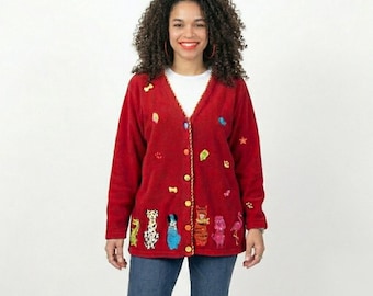 The Quacker Factory Vintage Dog Red Multicolor Pet Cardigan - 1X