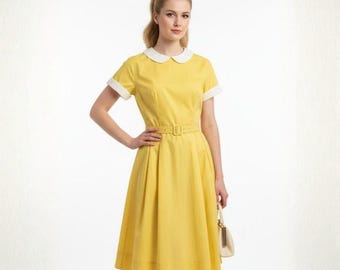 Jones Vintage Yellow & White Collared Short Sleeve Dress - Size 8 (Vintage)